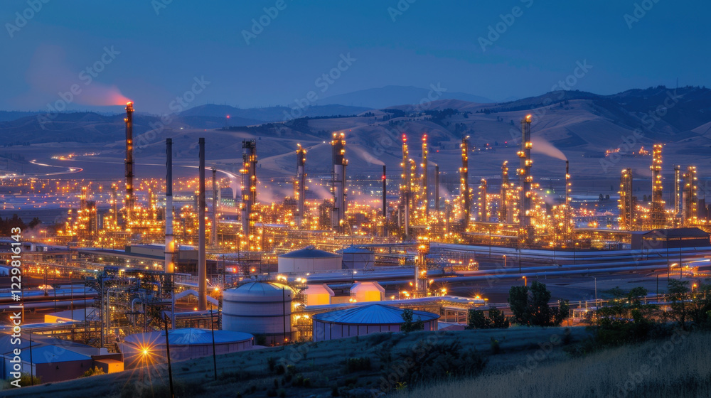 Obraz premium expansive oil refinery at night with glowing lights and smoke