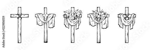 Easter cross icon set, vector hand drawn Christianity wooden crucifix, spring holiday celebration. Lily flower decoration, religious church traditional decor, blooming plants. Easter cross doodle art