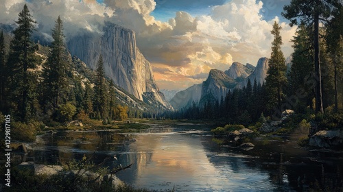 Yosemite Valley sunset, tranquil lake, majestic cliffs, peaceful nature scene, travel poster