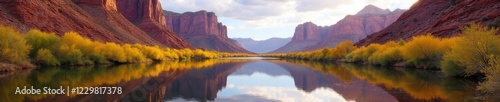 Towering rock formations reflected in calm Colorado River waters, high contrast landscape photography, Utah landscapes