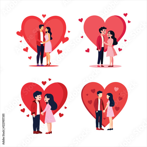 This image features four different cartoon couples, each deeply in love and standing within a heart-shaped design