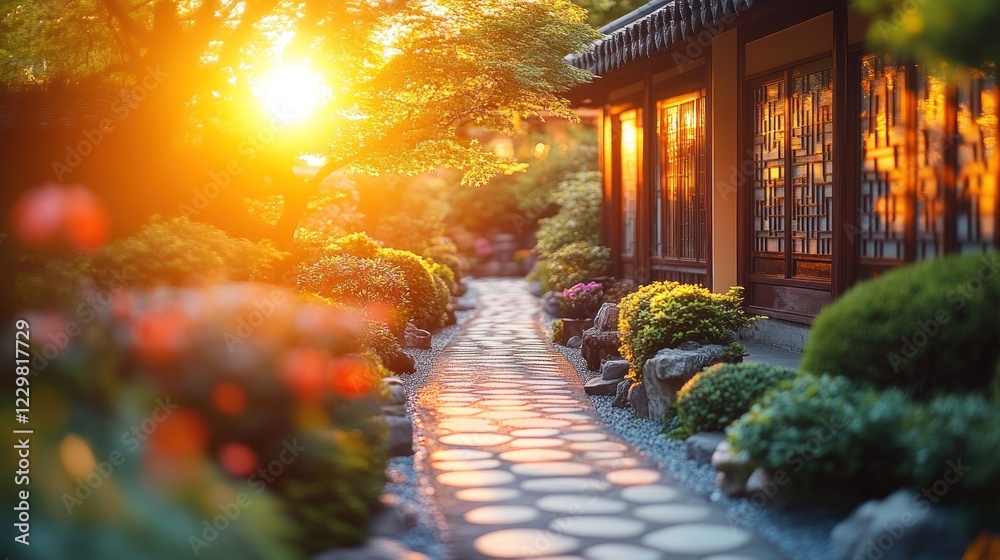 Obraz premium Sunset path in a Japanese garden.