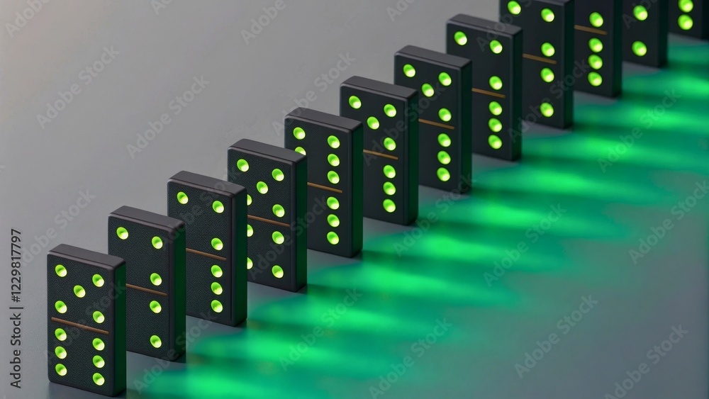 Growth and Safety in Business Aligned Like Black Dominoes with Green Dots Falling in a Line Creating Vibrant Shadow Effects Growth and Safety in Business Aligned Like Black Dominoes with Green Dots Falling in a Line Creating Vibrant Shadow Effects