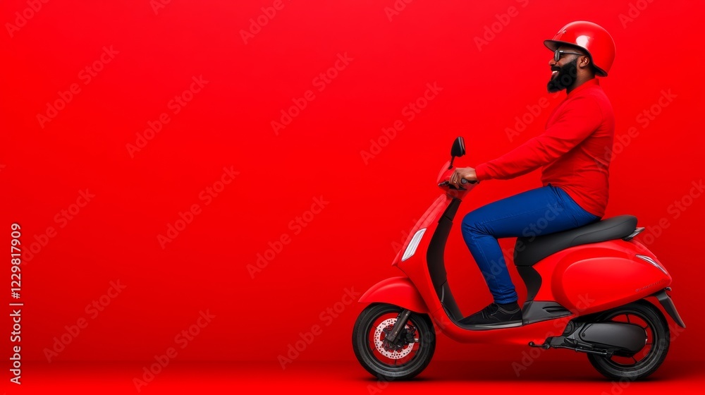 Man in a red helmet rides a red scooter. The man is wearing a red shirt and blue jeans Man in a red helmet rides a red scooter. The man is wearing a red shirt and blue jeans