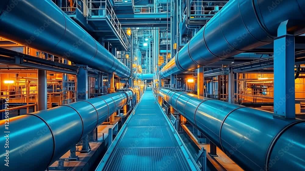 The facility showcases extensive networks of metallic pipes, illuminated by ambient blue and orange lights. The facility showcases extensive networks of metallic pipes, illuminated by ambient blue and orange lights.