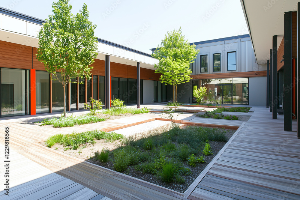 American Modern Courtyard with Wooden Floor and Flat-Vine Design