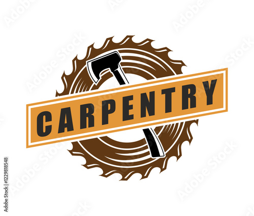 Carpentry woodwork icon featuring an axe overlaid on a circular saw blade in brown and black tones, highlighting rugged and traditional aesthetic, symbolizing woodworking, craftsmanship, and precision