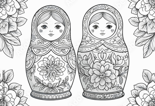 Black and white matryoshka doll coloring page with floral patterns, fun activity for children
