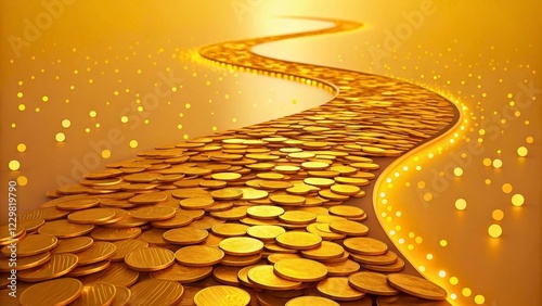 Golden Pathway of Coins Leading into a Bright Glimmering Horizon of Wealth and Prosperity