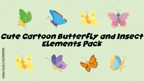 Cute Cartoon Butterfly and Insect Elements Pack Playful, cartoon butterflies and insects with a whimsical touch.