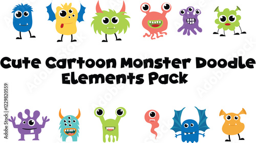 Cute Cartoon Monster Doodle Elements Pack Hand-drawn, quirky monster doodles.