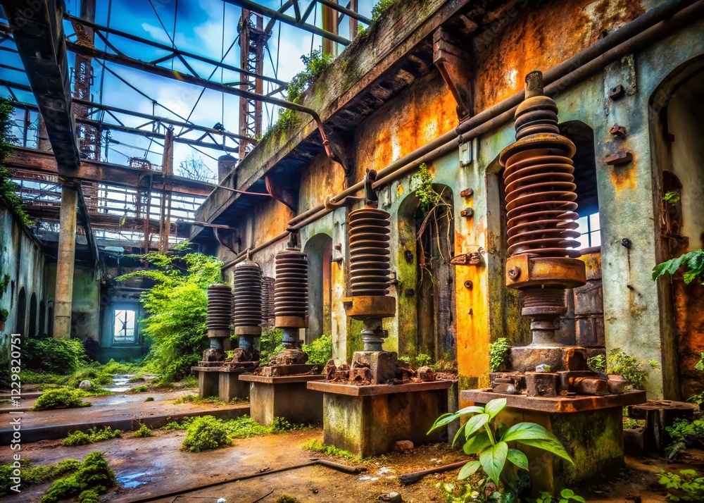 Naklejka premium Abandoned Power Substation: Rusty Spina Elettrica & Industrial Decay
