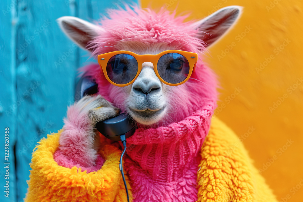 Fototapeta premium Colorful llama in stylish sunglasses making a phone call against vibrant background
