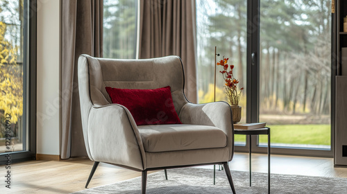 Modern armchair with red accent pillow in bright living room. Suitable for interior design portfolios, furniture retail, and contemporary home styling.