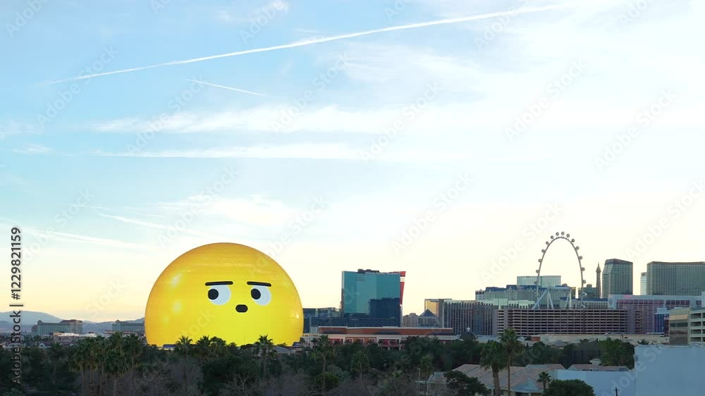 Smiley Emoji of Las Vegas Sphere Waking Up. Stunning Sunrise Cityscape of Las Vegas Nevada United States. MSG Sphere Awakens. Morning Glow at Las Vegas SPHERE. Beautiful morning scenic view.