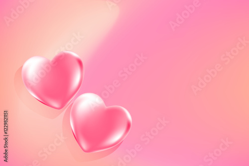 Cute 3D pink semi-transparent heart icon, glowing glass or plastic texture love heart, fluid light pink gradient background. Nude pink shiny romantic wallpaper, elegant valentines day banner.