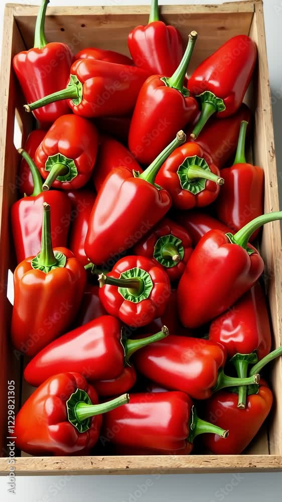 Paprika peppers arranged neatly in wooden crate