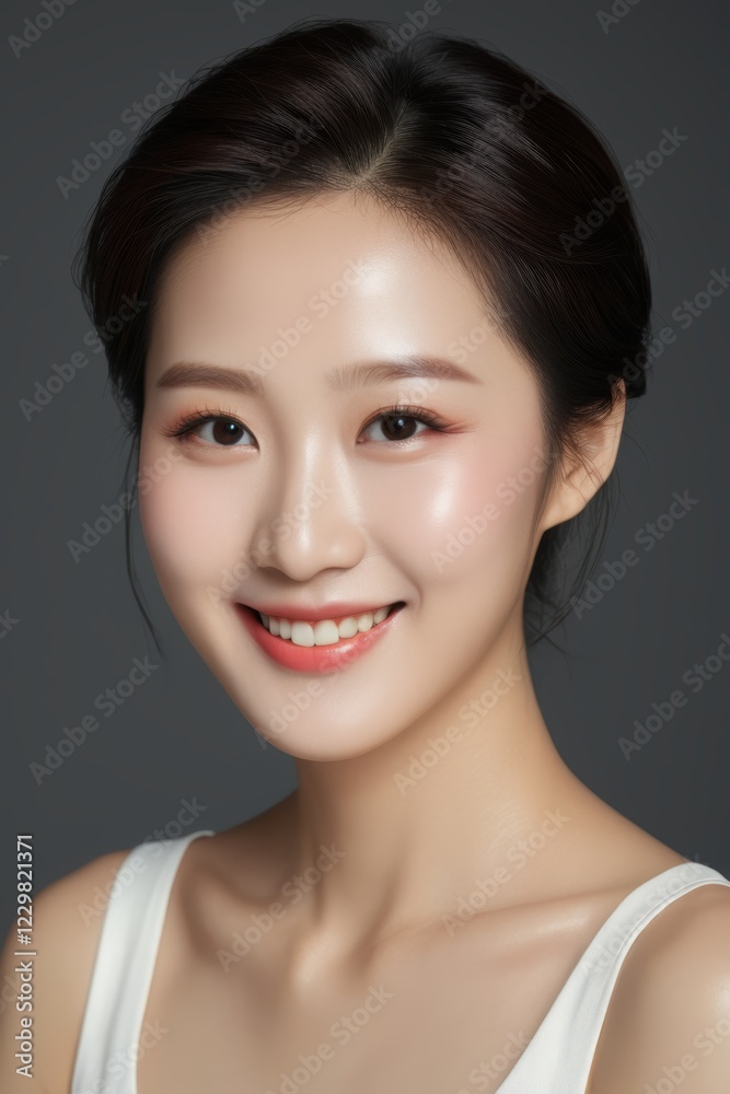 arafed asian woman with a white tank top and a smile