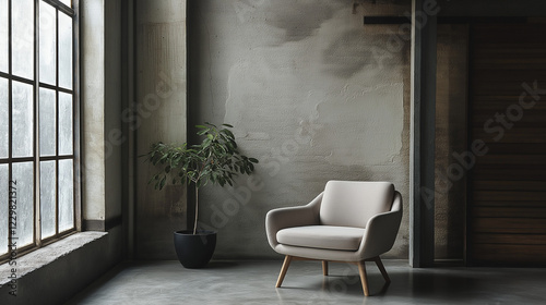 Minimalist grey armchair in industrial loft space with natural light. Ideal for urban living concepts, interior design, and architectural photography.