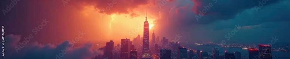 Fototapeta premium Towering skyscraper shines bright in moment of sudden storm, haze, sudden