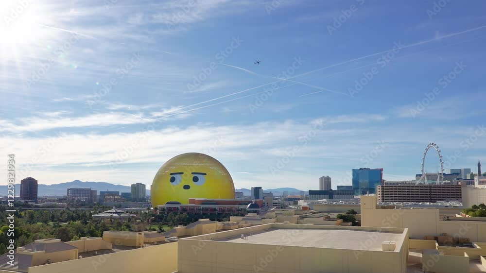 Smiley Emoji of Las Vegas Sphere Waking Up. Stunning Sunrise Cityscape of Las Vegas Nevada United States. MSG Sphere Awakens. Morning Glow at Las Vegas SPHERE. Waking Up in Las Vegas.
