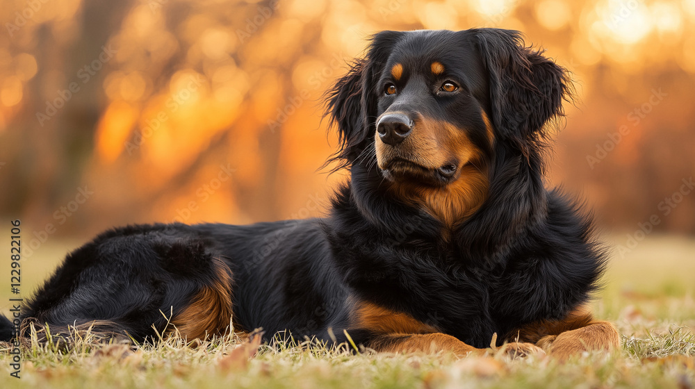 Bernese Mountain Dog resting in autumn setting with warm lighting. Ideal for pet care services, animal photography, and veterinary clinics. Bernese Mountain Dog resting in autumn setting with warm lighting. Ideal for pet care services, animal photography, and veterinary clinics.