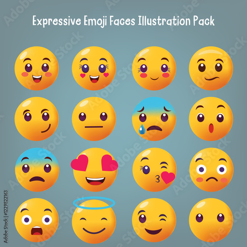 Expressive Emoji Faces Illustration Pack A collection of emoji faces with various expressions to add fun and emotion to any design.
