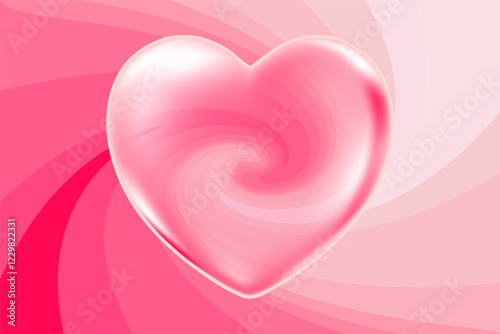 Cute 3D pink heart icon, glowing glass transparent texture love heart, anime light pink vortex swirl gradient background. Nude pink shiny romantic curvy wallpaper, elegant valentines day sale banner.