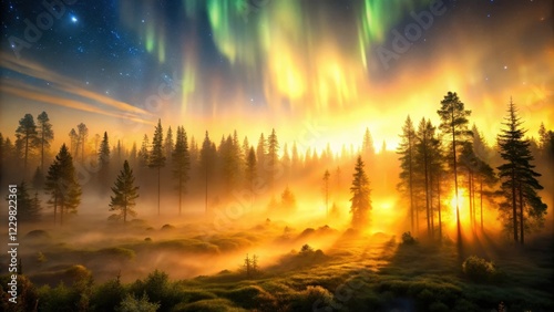 Aromatic fog rises from a forest floor as warm golden light seeps through the mist, glowing mist, auroral borealis