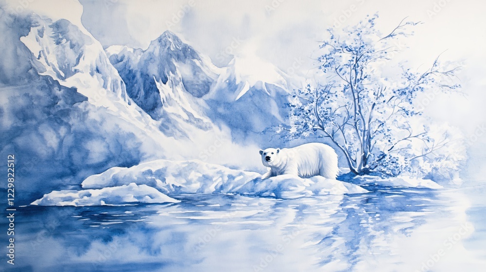 Polar bear on ice floe with mountain backdrop in watercolor painting style in blue and white Polar bear on ice floe with mountain backdrop in watercolor painting style in blue and white