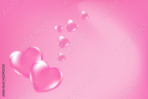 Cute 3D pink semi-transparent heart icon, glowing glass or plastic texture love heart, fluid light pink gradient background. Nude pink shiny romantic wallpaper, elegant valentines day banner.