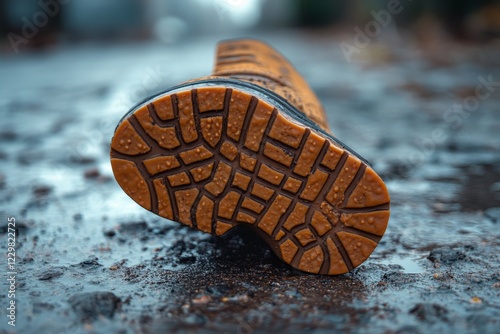 Close-up view of a sturdy boot sole, showcasing its rugged tread pattern, in a wet environment. The boot appears ready for outdoor adventures. 