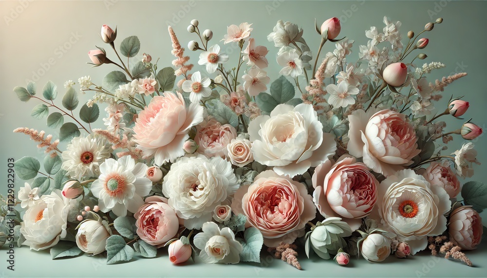 Obraz premium An elegant arrangement of blooming flowers, featuring a variety of roses, peonies, and delicate blossoms in soft shades of white, blush pink