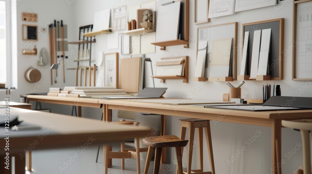 Creative workspace with wooden tables and art supplies organized on the walls. Creative workspace with wooden tables and art supplies organized on the walls.