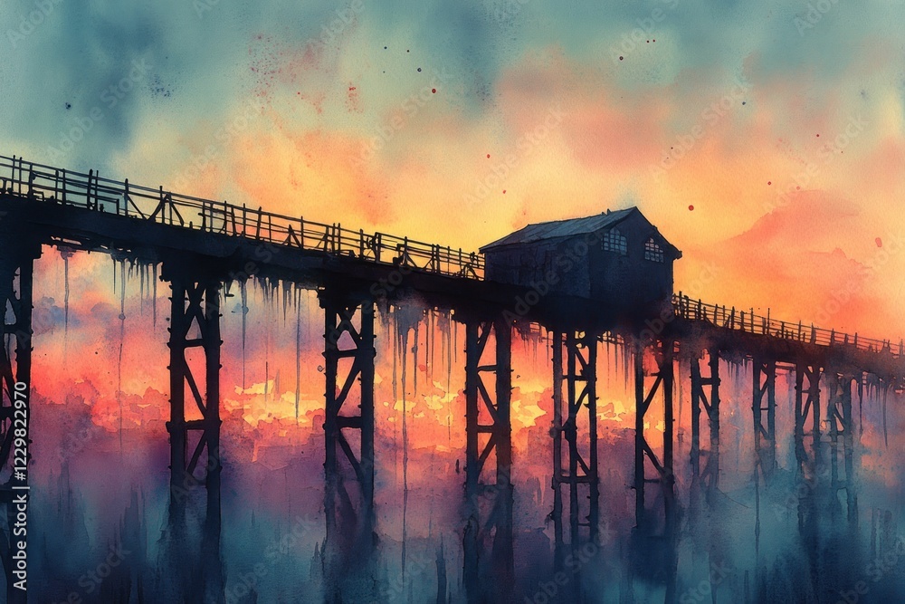 Fototapeta premium Sunset pier house silhouette vibrant colors
