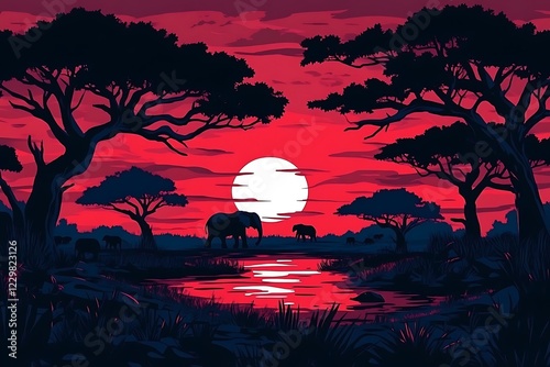 Silhouettes of Elephants at African Sunset photo