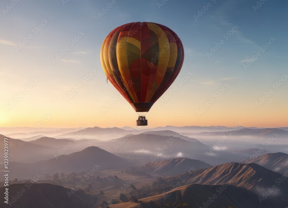Obraz premium High altitude hot air balloon floating solo, serene sky background , atmosphere, hot air balloon, empty space