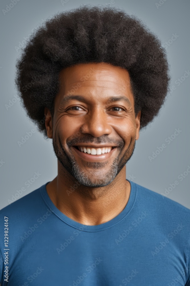 Obraz premium smiling man with afro hair and blue shirt on gray background