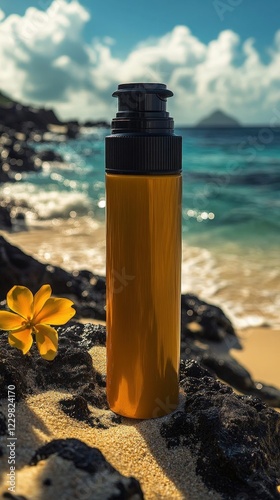Amber Bottle of Suncare Product on Tropical Beach