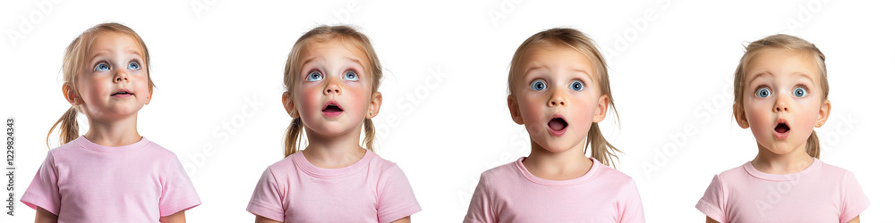 Closeup portrait of an adorable young girl with a surprised and amazed facial expression wearing a pink top The child s face shows a sense of wonder curiosity and excitement Closeup portrait of an adorable young girl with a surprised and amazed facial expression wearing a pink top The child s face shows a sense of wonder curiosity and excitement
