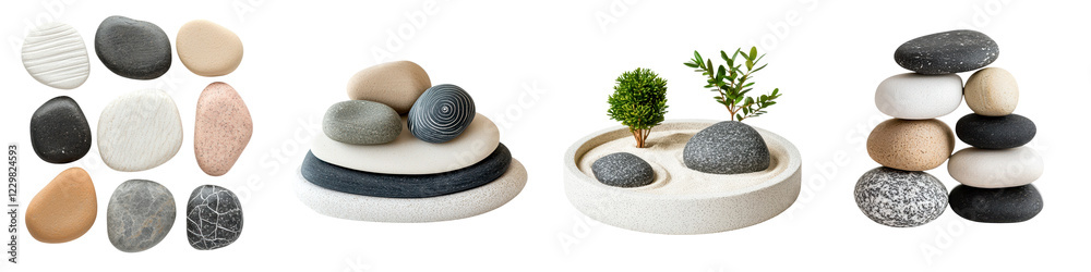 Fototapeta premium Peaceful Zen Stones Arrangement for Spa Meditation and Wellness Tranquil natural display of pebbles rocks and greenery creating a serene calming and minimalist composition