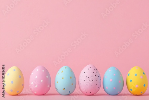 Colorful decorated eggs arranged on a pastel pink background for a festive celebration in spring