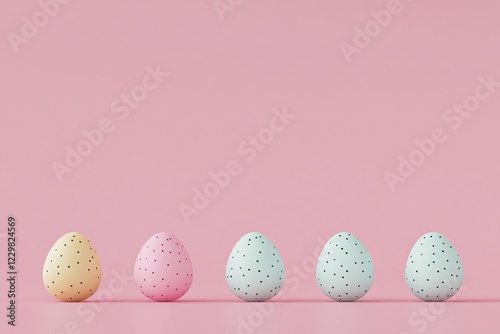 Five colorful Easter eggs arranged in a row against a soft pink background showcasing pastel hues and playful patterns