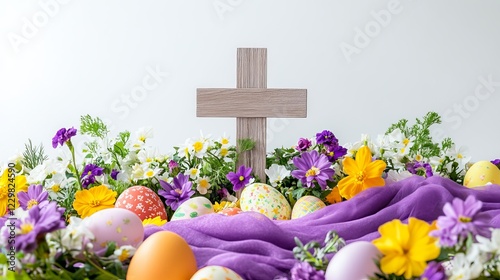 Colorful Easter decor featuring flowers, eggs, and a wooden cross on a purple cloth