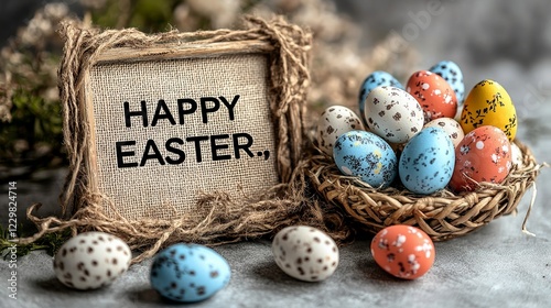 Colorful Easter eggs displayed with a festive message in a rustic setting, celebrating springtime traditions