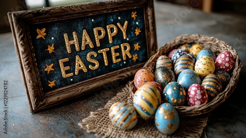 Colorful Easter eggs arranged in a basket next to a decorative sign celebrating Easter