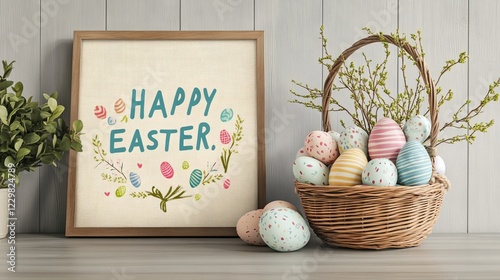 Decorated basket of pastel Easter eggs with a festive sign in a bright, cozy indoor setting during springtime