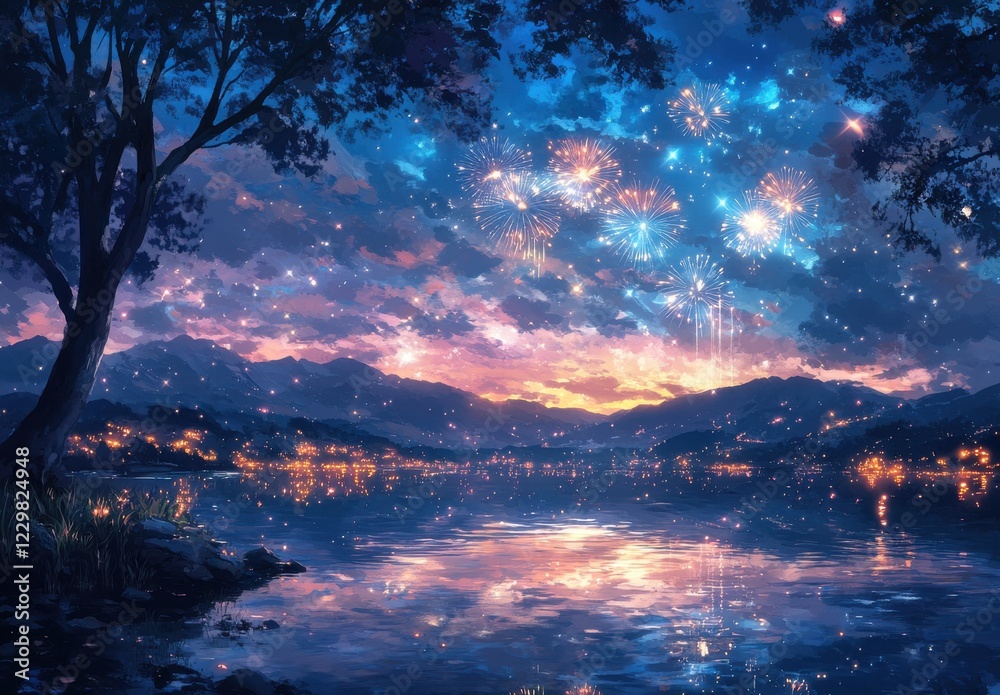 Enchanting Night Sky Over Mountains and Lake with Colorful Fireworks Creating a Magical Atmosphere in a Serene Landscape Scene Enchanting Night Sky Over Mountains and Lake with Colorful Fireworks Creating a Magical Atmosphere in a Serene Landscape Scene