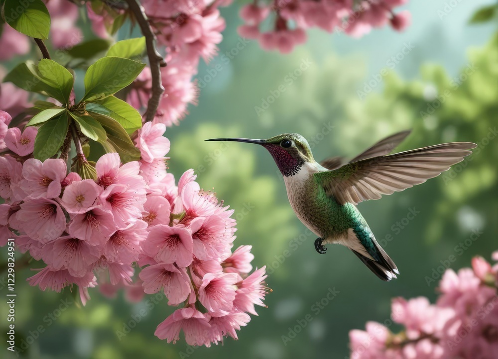 Fototapeta premium Hummingbird's back view as it perches on a flowering cherry tree with vibrant green plumage , plumage, perching, nature