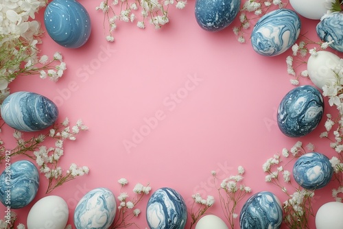 Decorative eggs arranged on a pink background with flowers for a spring celebration or holiday gathering